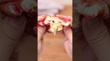 Vanilla & Cherry Bombaloni - RECIPE IN CAPTION #Shorts #Donuts #Recipe